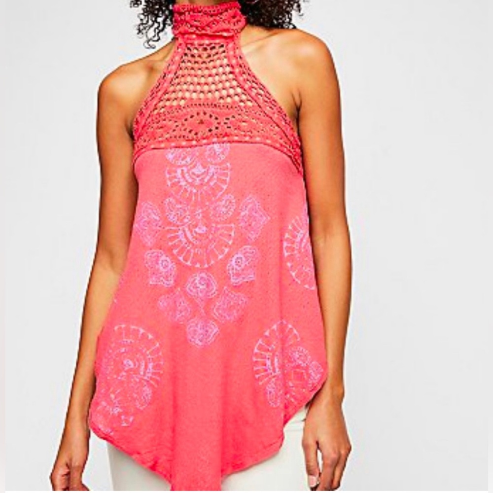 NWT Free People Poppy coral lavender crochet handkerchief Hem halter top boho S